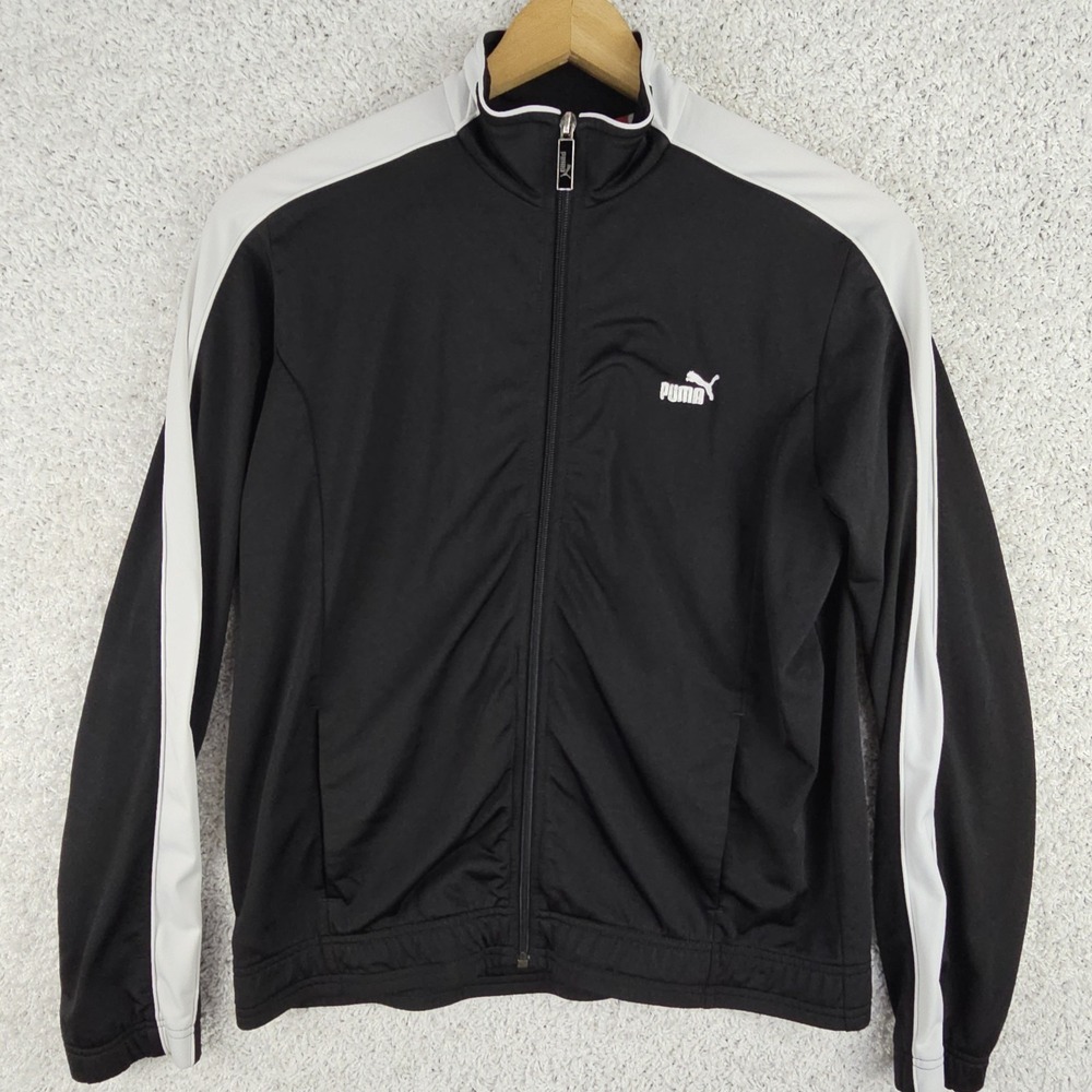 Puma Black Full Zip Track Jacket Womens XL White Stripe Retro Athletic Slim Fit - Picture 1 of 12